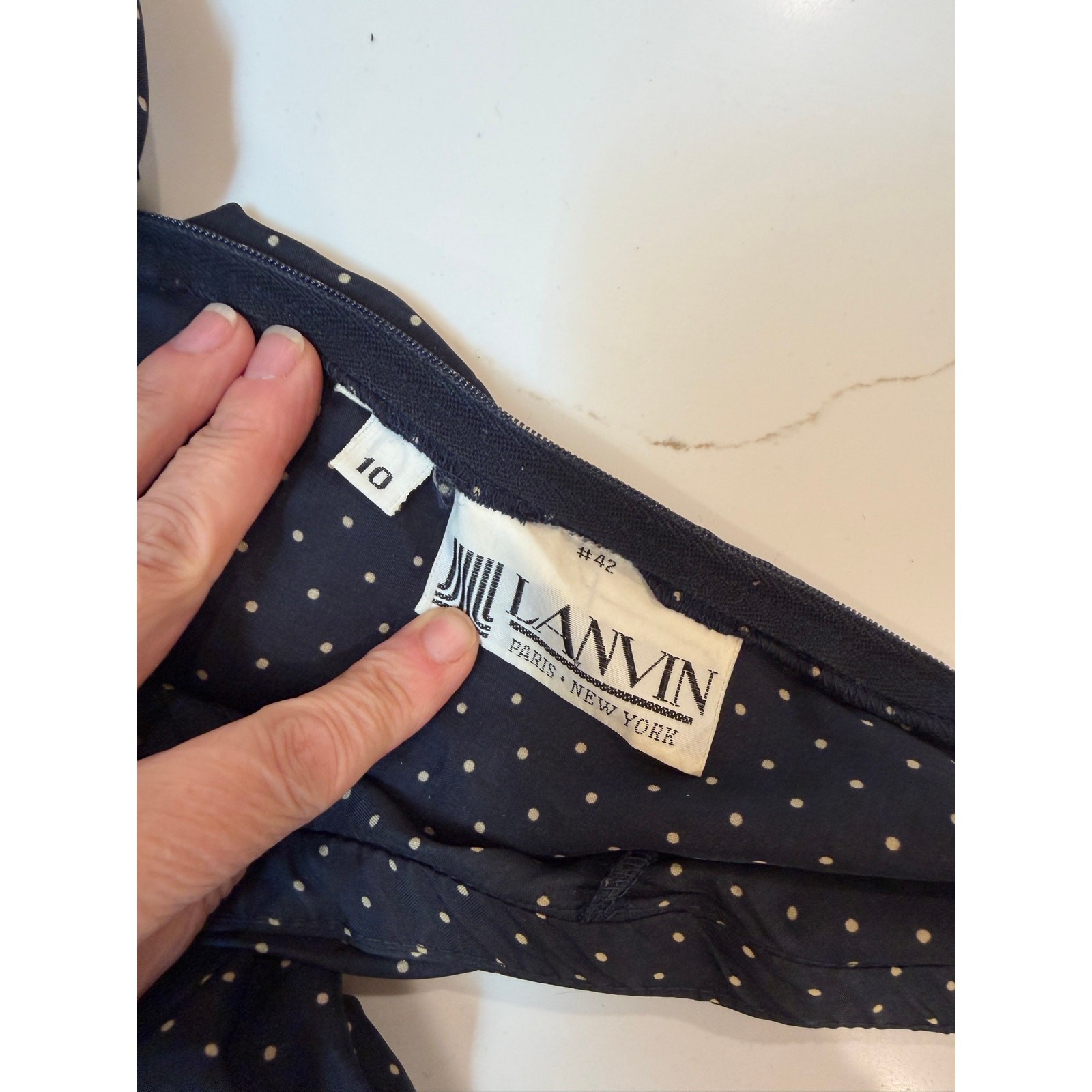 Vtg LANVIN womens navy white polka dot blouse 10 back zip classic old money