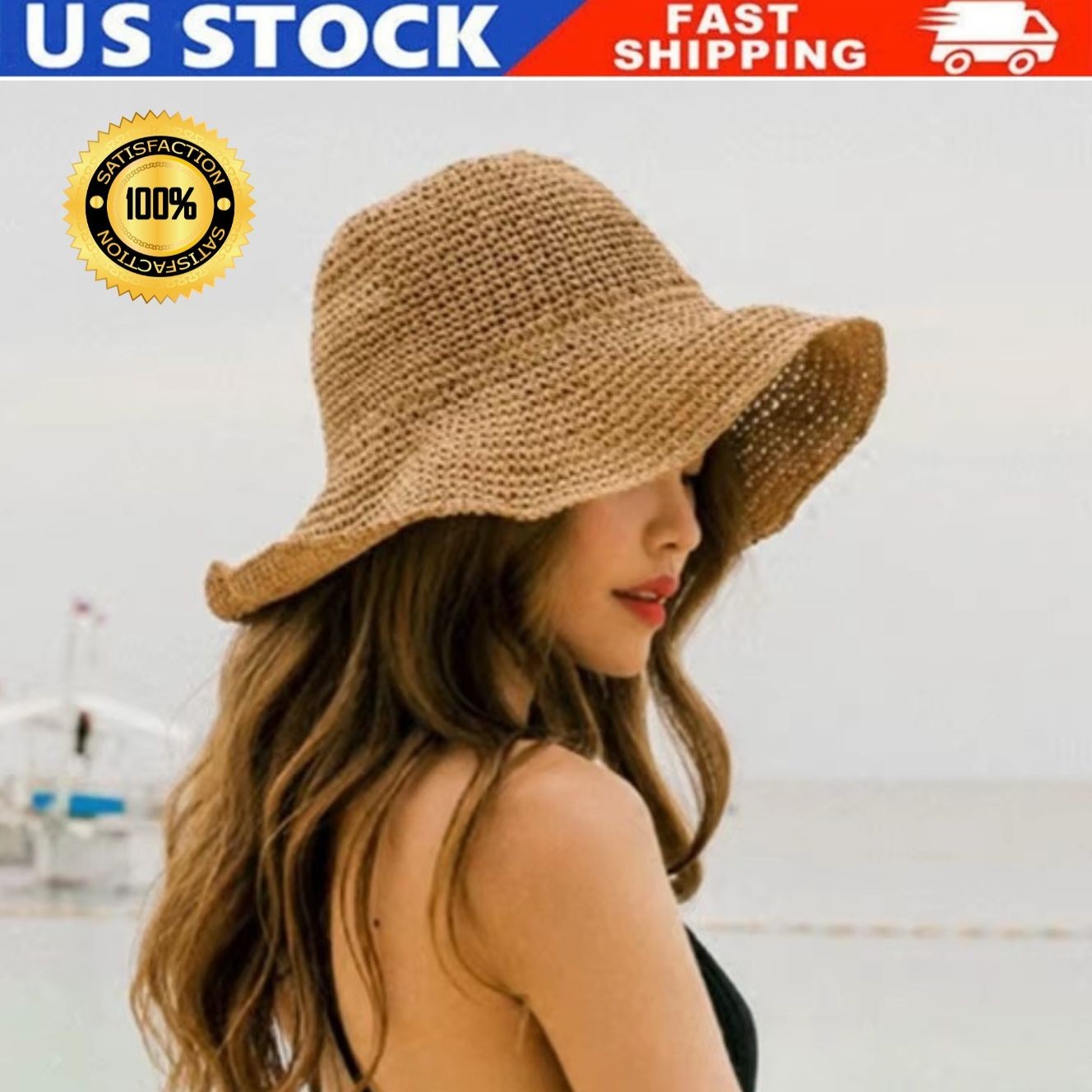 Womens Sun Straw Summer Floppy Beach Hat Wide Brim Lanyard Foldable Rollup NEW~.