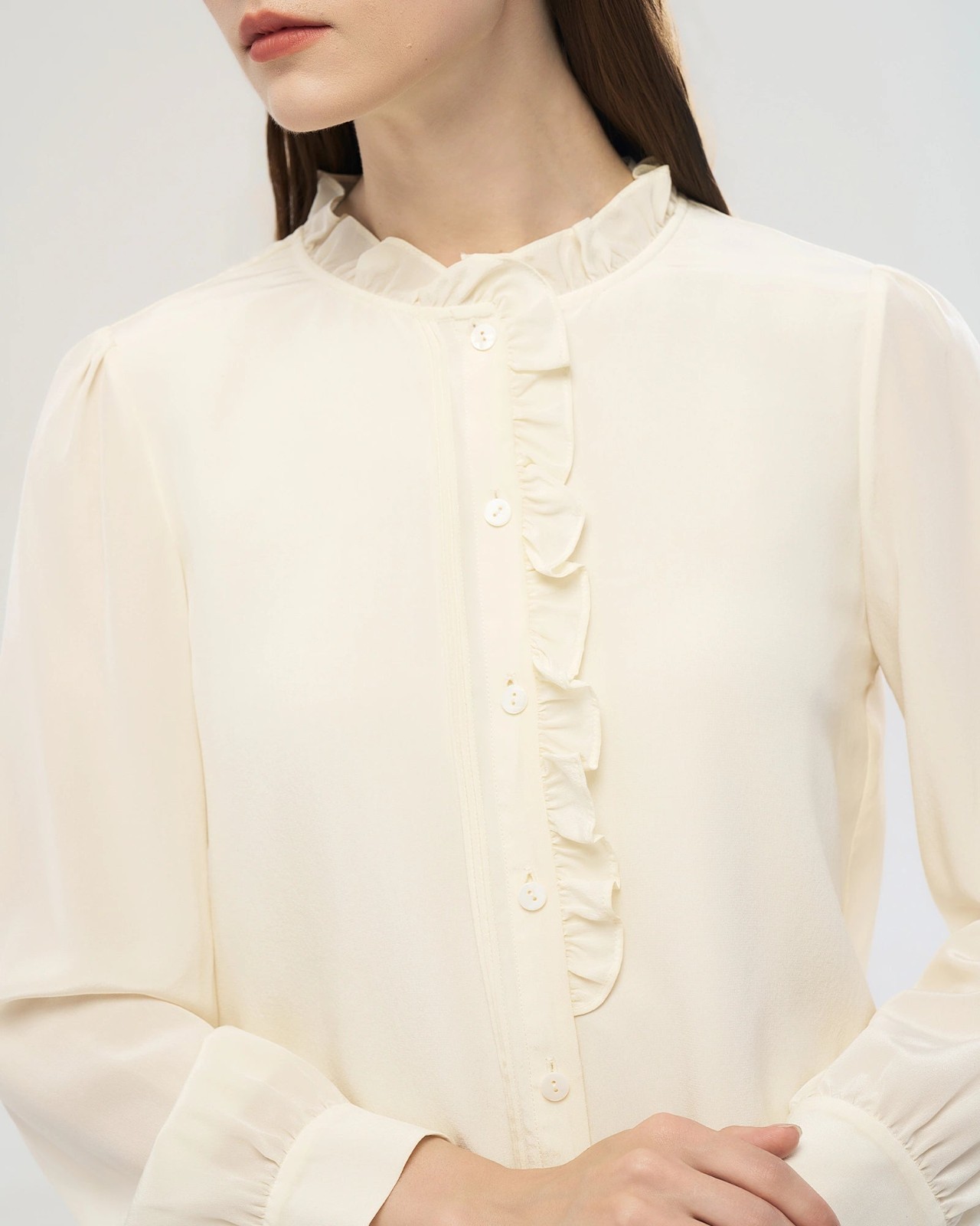 Long Sleeve Silk Blouse with Ruffle Trim