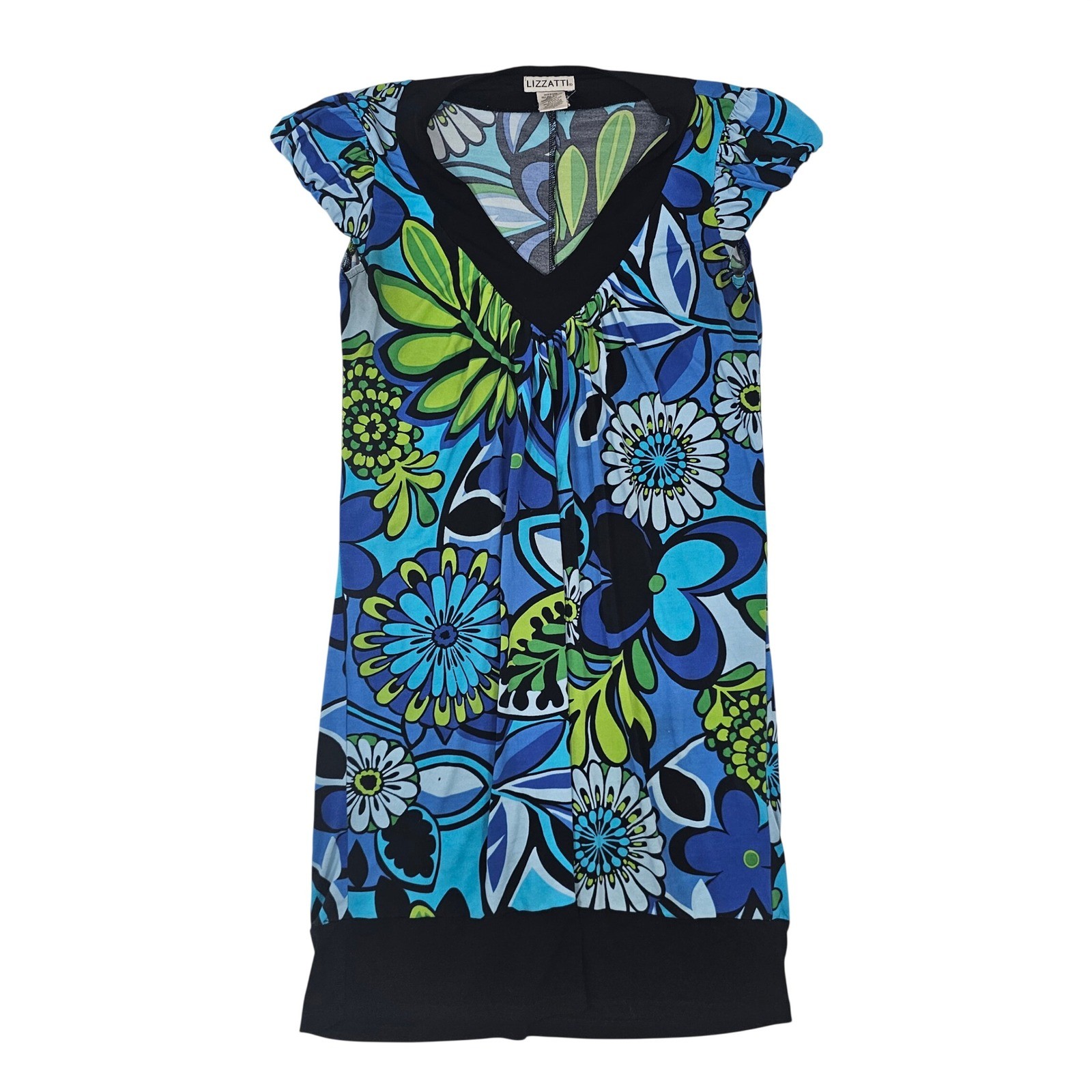 Lizzatti Womens Blue Green Floral V-Neck Cap Sleeve Tunic Top Size 4 RN 58142