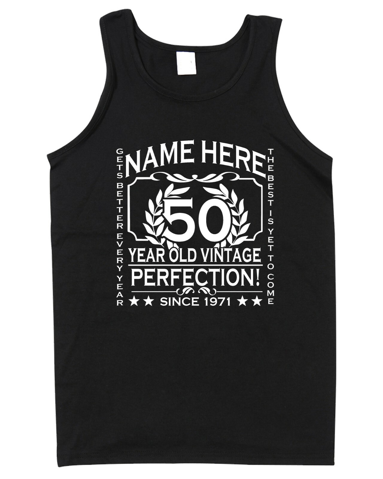 50th Birthday Vest Tank Top T-Shirt Customise Personalise Name, Year, Age 70th