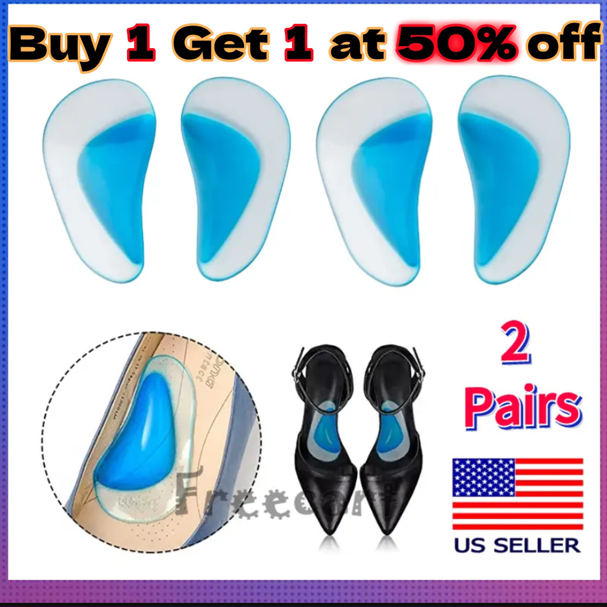 4 Pcs Arch Support Shoe Insoles Plantar Fasciitis Gel Sticky Reusable Cushionss