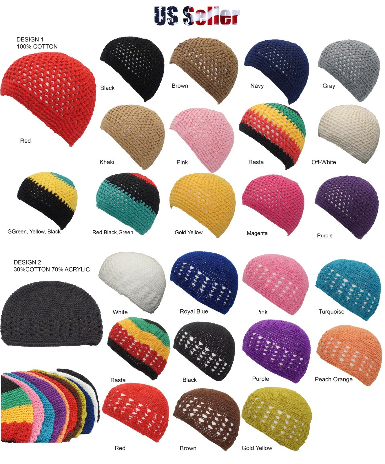 100% Cotton KUFI Crochet Beanie Skull Cap Knit Hat Men Women