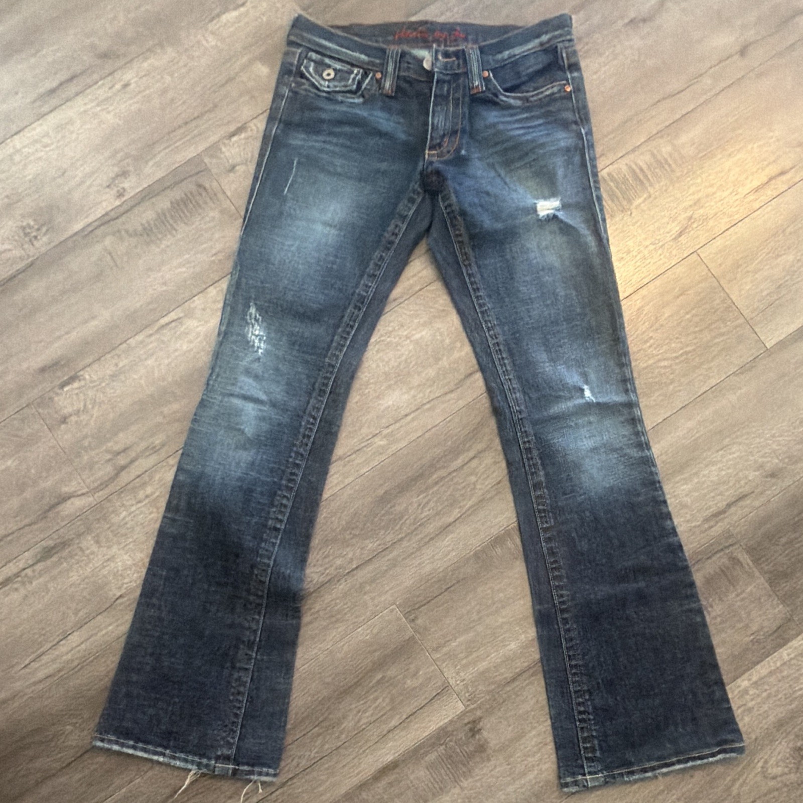 Plastic by Gly Embroidered Distressed Bootcut Dark Wash Blue Denim Jeans Women