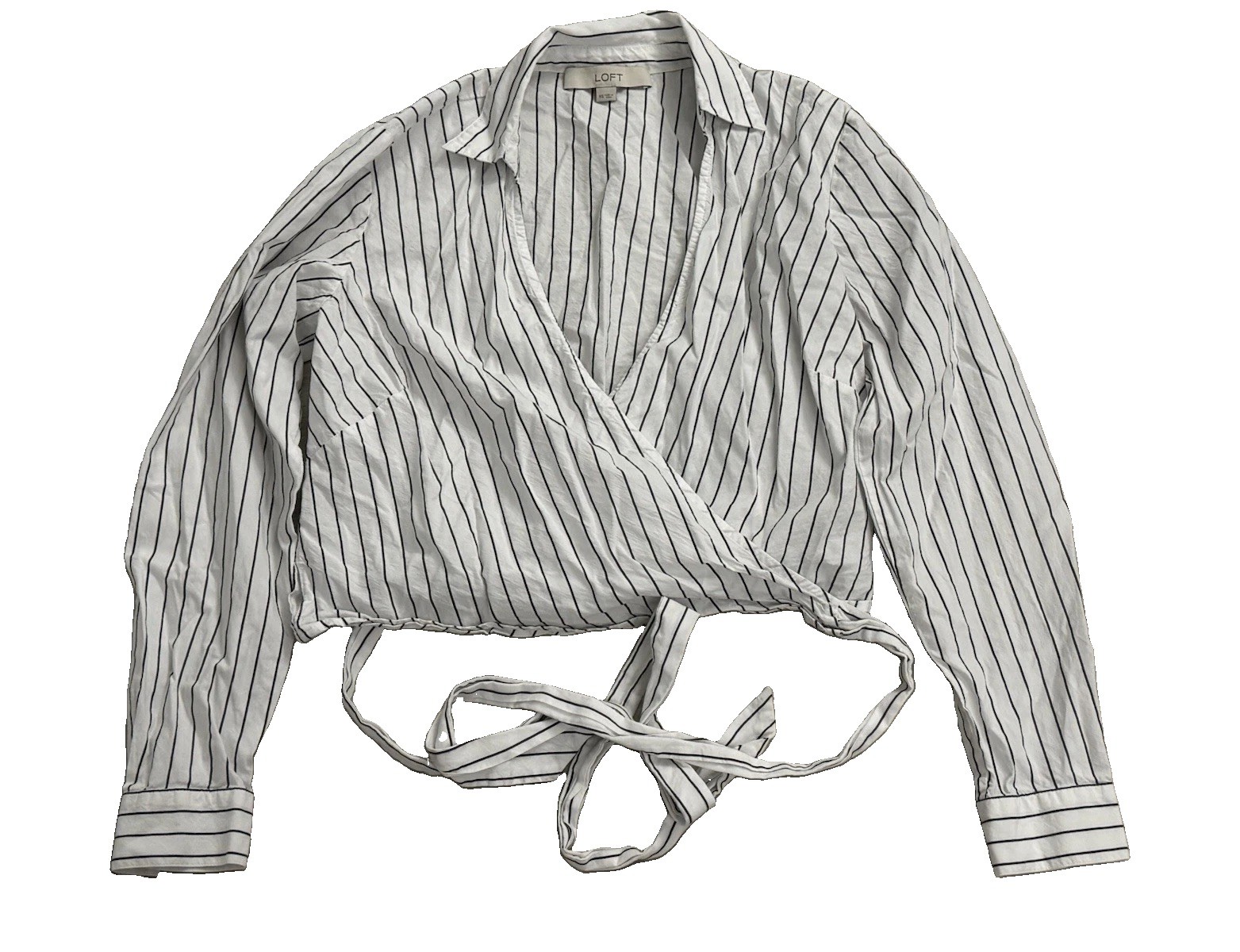 LOFT White/Black Striped crop Wrap Tie Front Long Sleeve Collared Blouse Size XS