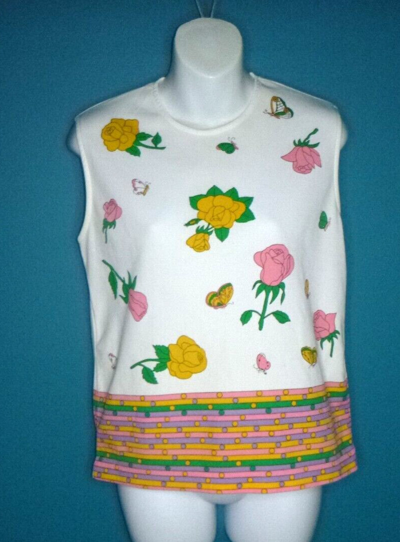 Vtg 60s 70s MOD Poly Knit Novelty Shirt Roses & Butterflies Sz M