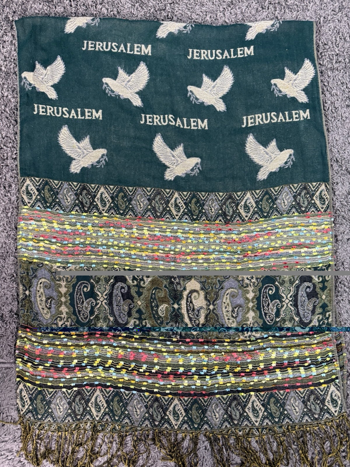 Jerusalem Holy Land 100shmere Pashmina-Shawl-Scarf. Green with dove of peace