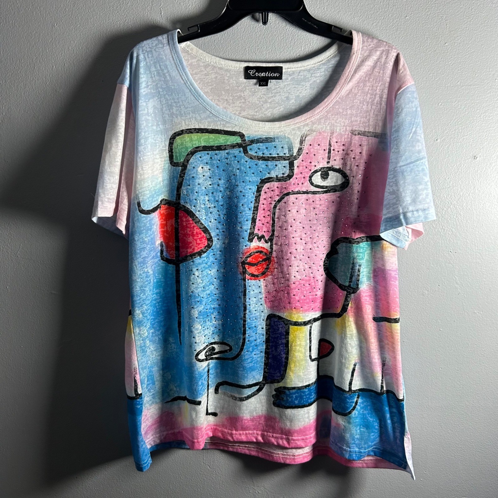 Picasso Inspired Woman’s XXL Face Graphic T-Shirt Rhinestone Burnout