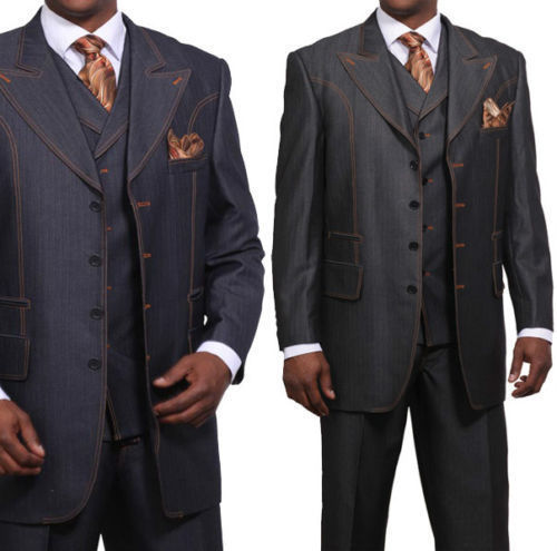 Fortino Landi Men’s Trendy Denim 4 Button Suit with Pants + Vest Black/Navy 5608