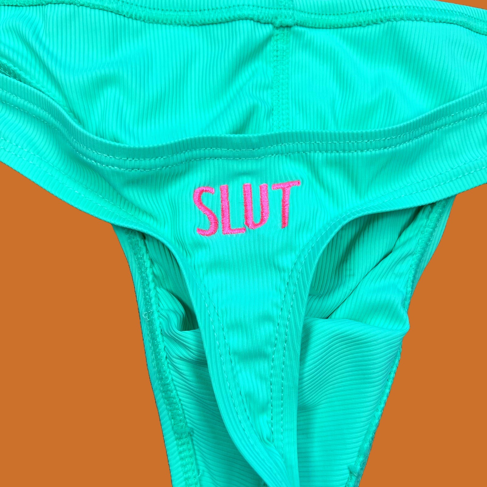 SLUT custom embroidery mens mint Green ribbed swim thong underwear swimwear