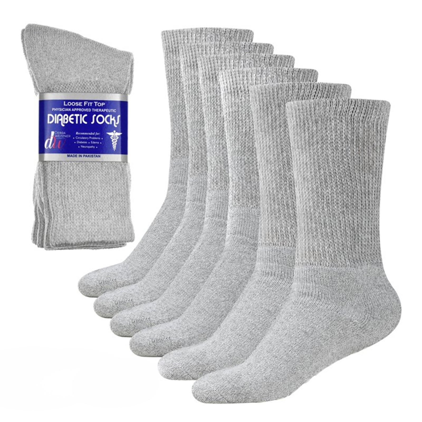 Weitzner Men’s Gray Diabetic Crew Mid Socks 3 Pair Loose Fit Top 10-13