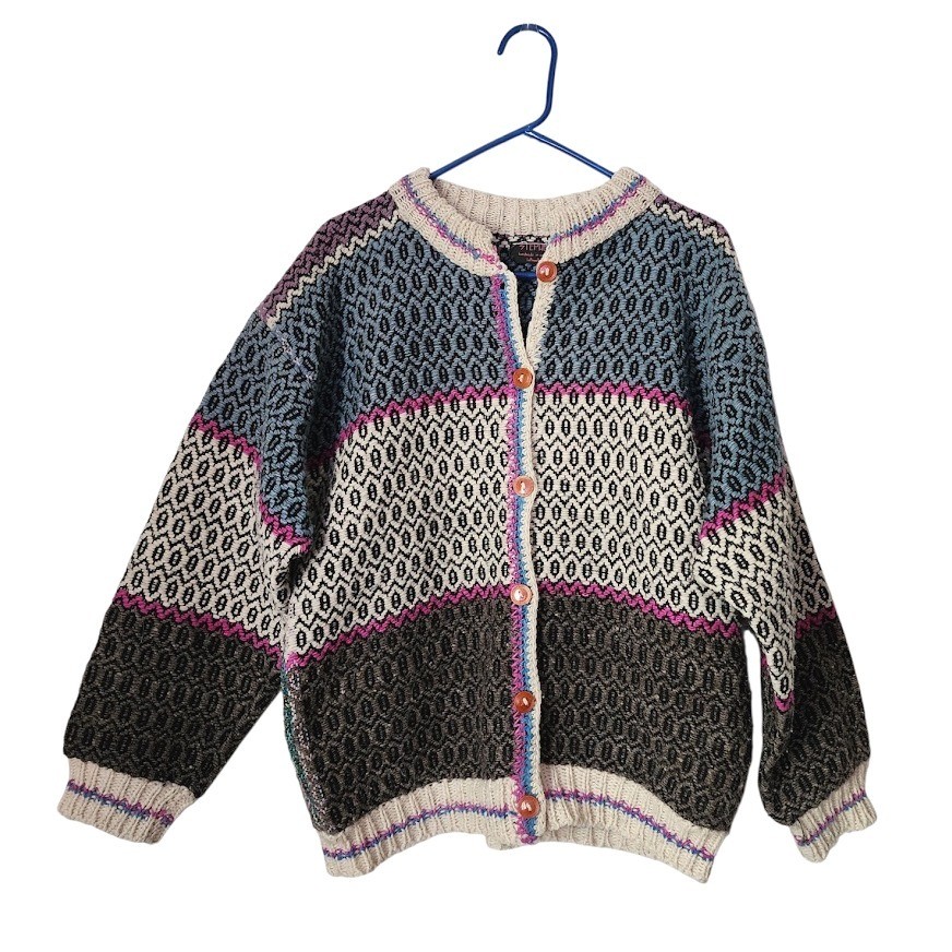 STEPHEN Handmade in Ecuador 80s Wool Cardigan Sweater Geometric Stripe Pattern