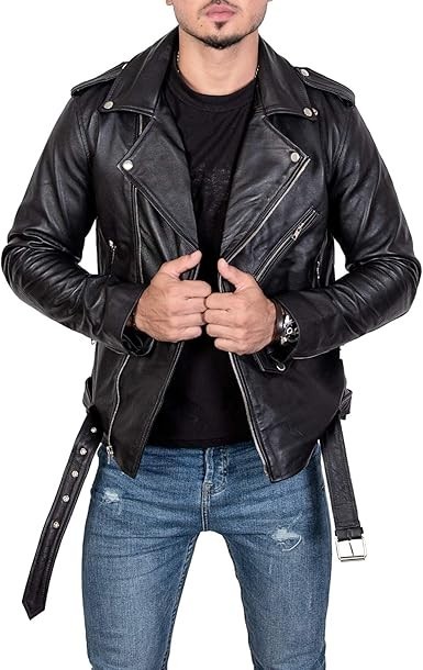 Mens Brando Cowhide Leather Jacket Motorcycle Black Marlon Biker Jacket Classic
