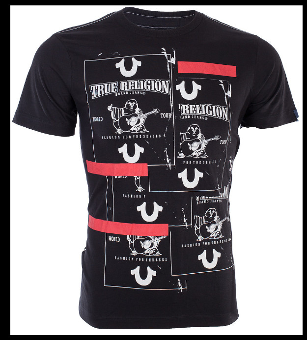 $69 TRUE RELIGION Black BUDDHA TAPE Short Sleeve Designer Graphic T-shirt NWT