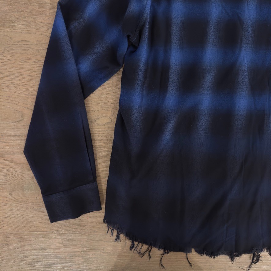 AMIRI Distressed Plaid Cotton Button Up Flannel Shirt-Blue ombre-Raw Hem-Men’s S