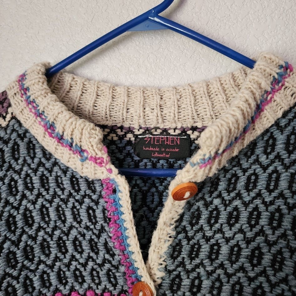 STEPHEN Handmade in Ecuador 80s Wool Cardigan Sweater Geometric Stripe Pattern