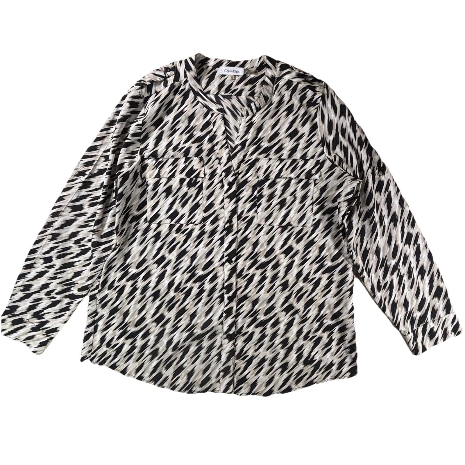 Calvin Klein XL Abstract Ikat Blouse Black Ivory Relaxed Fit Button Front