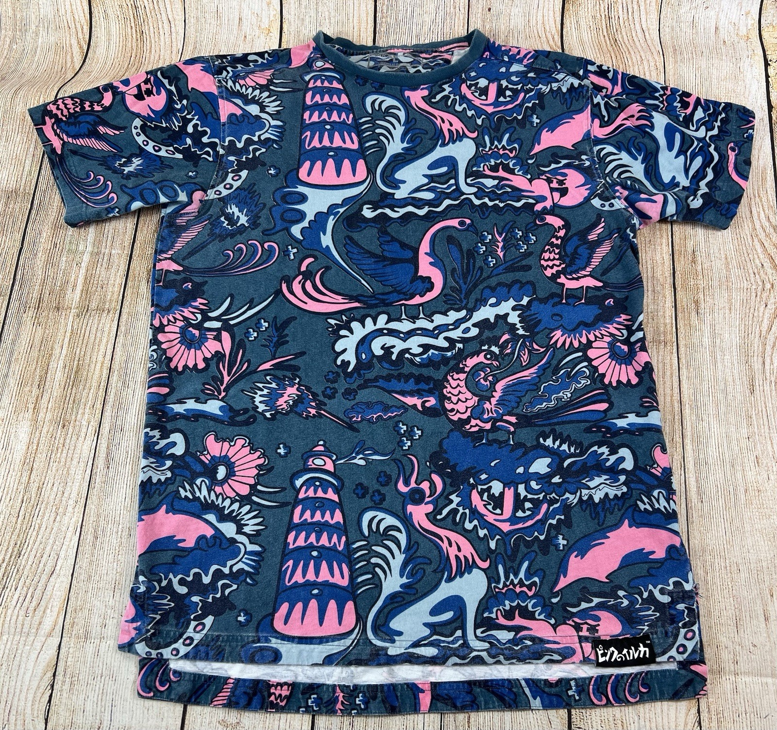 Mens Pink Dolphin AOP Blue Cotton T Shirt Size Large