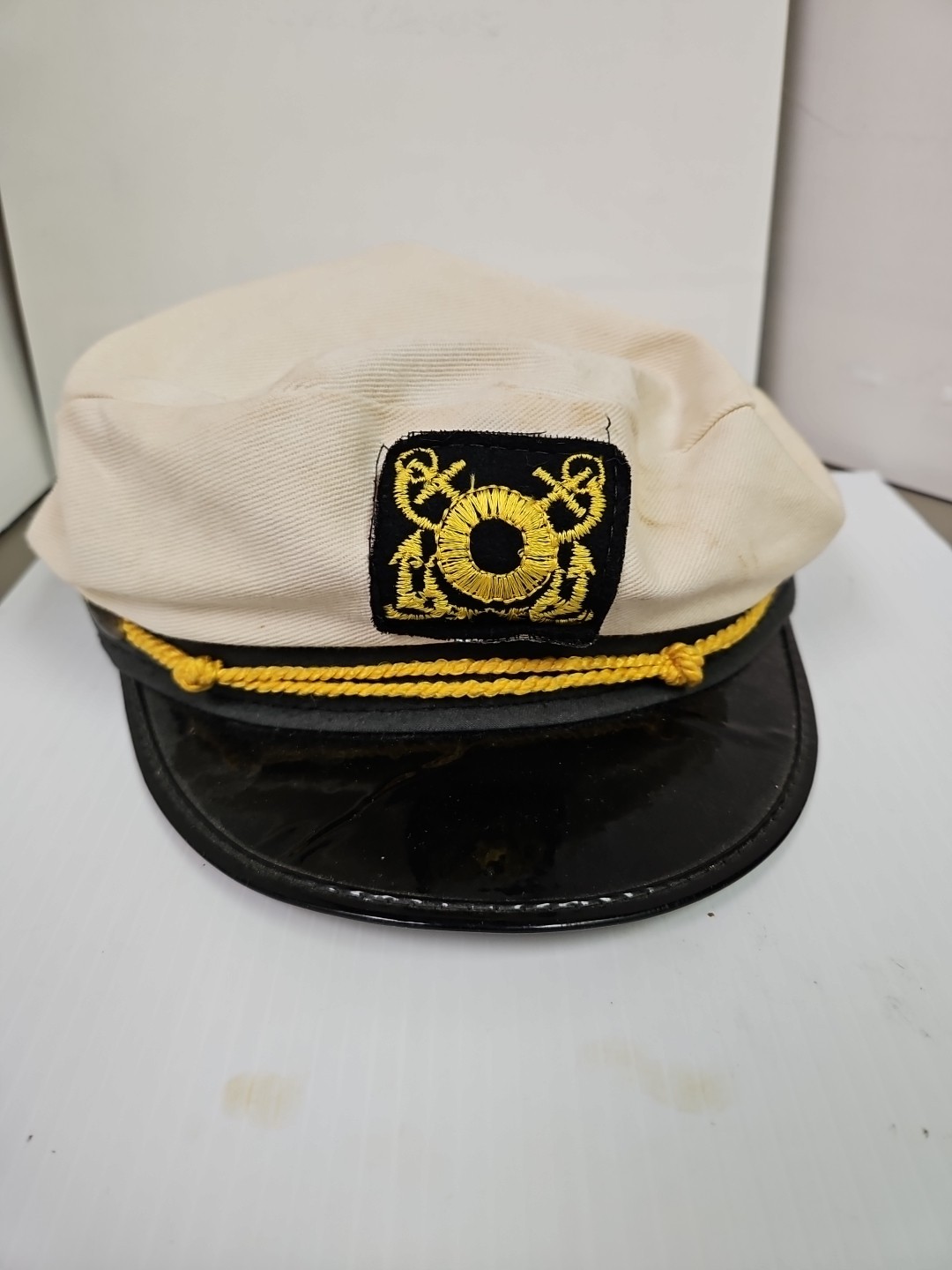 Sailors Captains Mariners White Cap Hat w Achors Life Saver Felt Logo Used Dirty