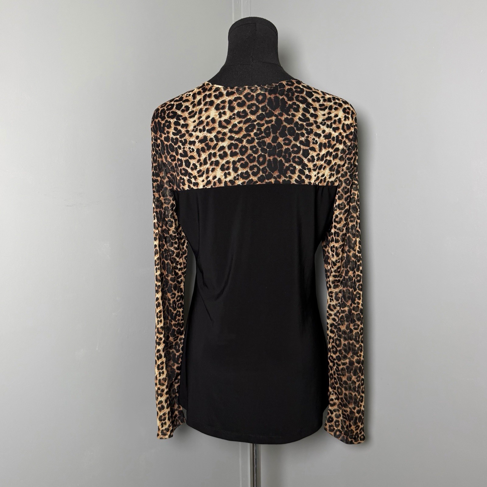 Vintage Suzie in the City Sheer Mesh Leopard Sleeve Blouse Shirt Sz L Mob Wife