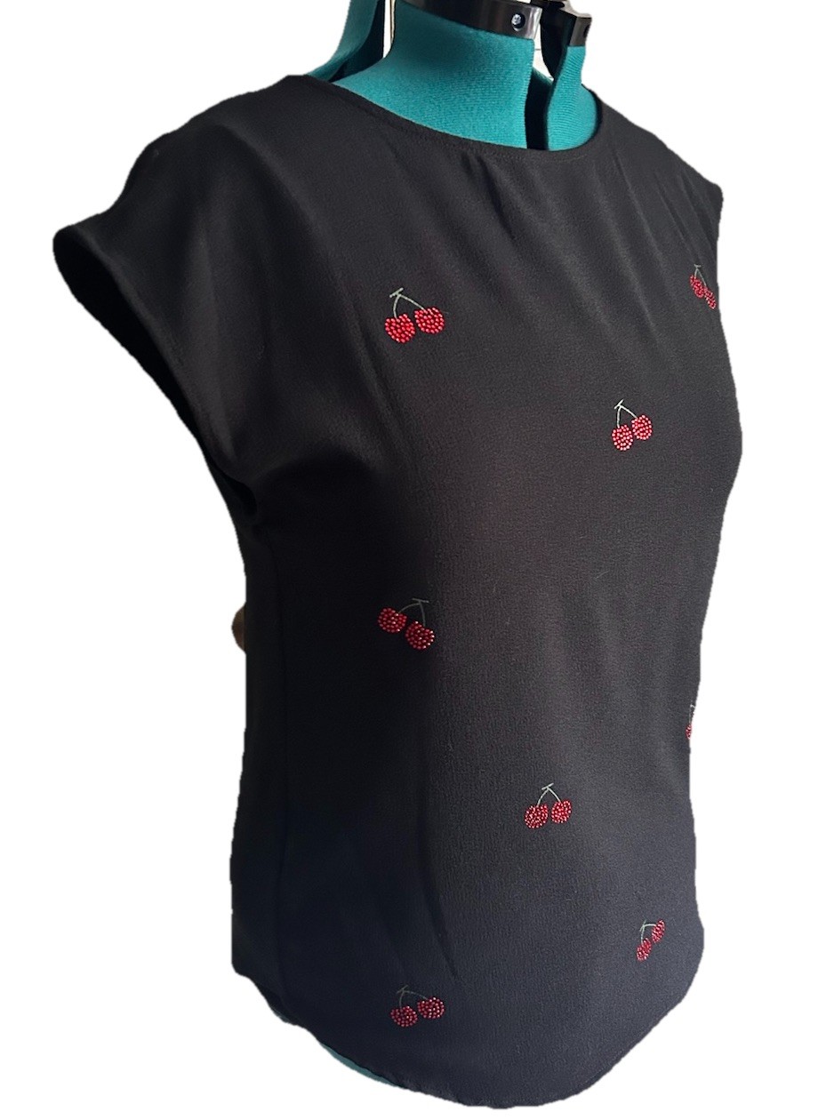 Marc New York Andrew Marc Womens Small Black Cherry Print Blouse Coquette Top