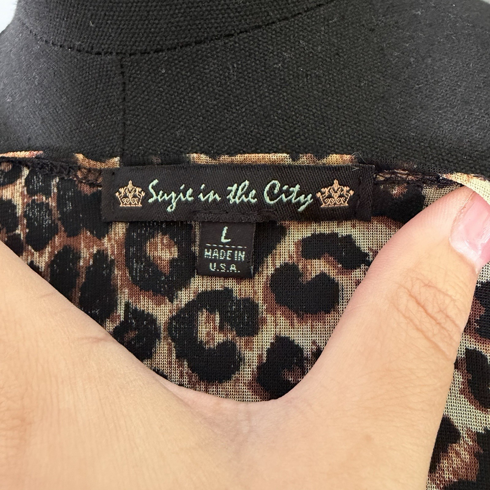 Vintage Suzie in the City Sheer Mesh Leopard Sleeve Blouse Shirt Sz L Mob Wife