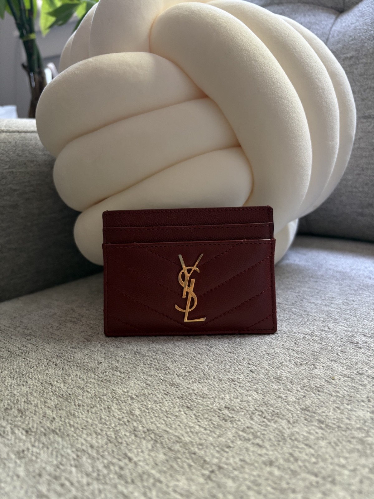 Saint Laurent YSL Burgundy Chevron Leather Card Holder Wallet Gold Logo