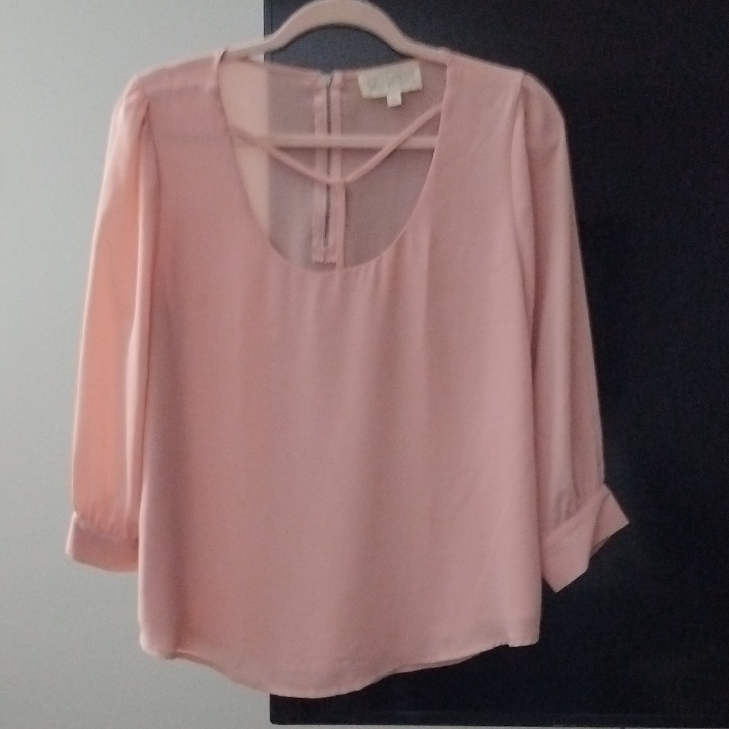 Sweet Wanderer Pink Chiffon Scoop Neck Blouse Top S 3/4 Sleeve Zip Back