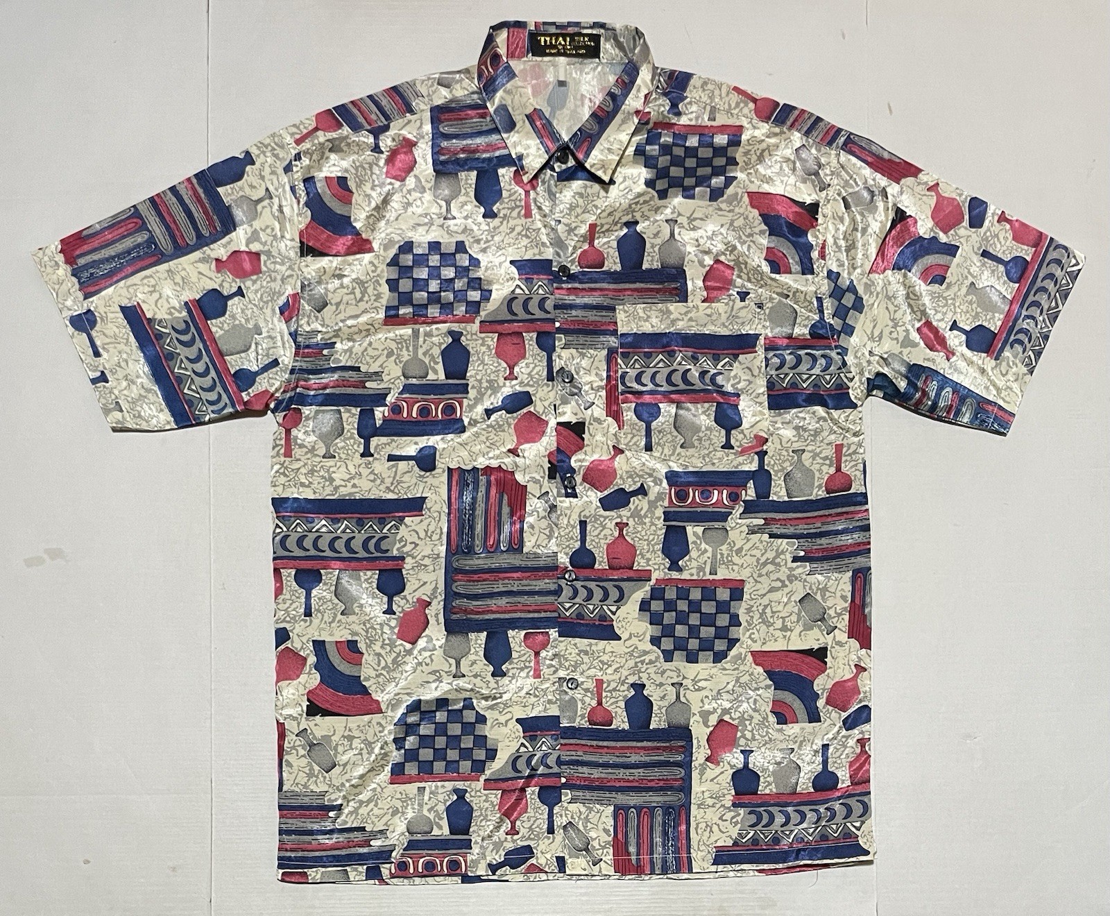 Vintage Thai Silk Collection Mens Large Abstract Art Print Shirt Thailand