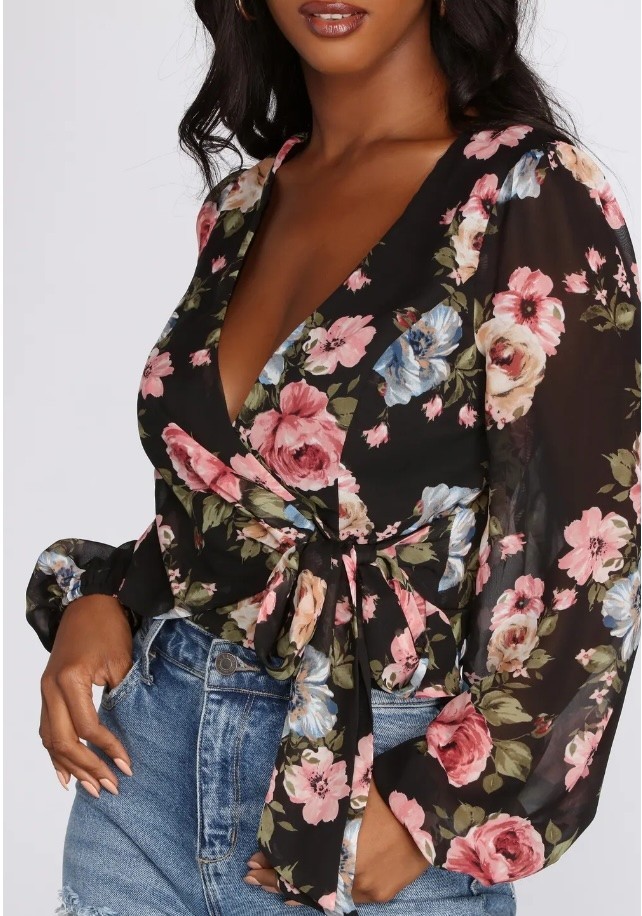 Women’s Black Dark Floral Wrap Blouse Top S Cropped Chiffon Date Party Festival