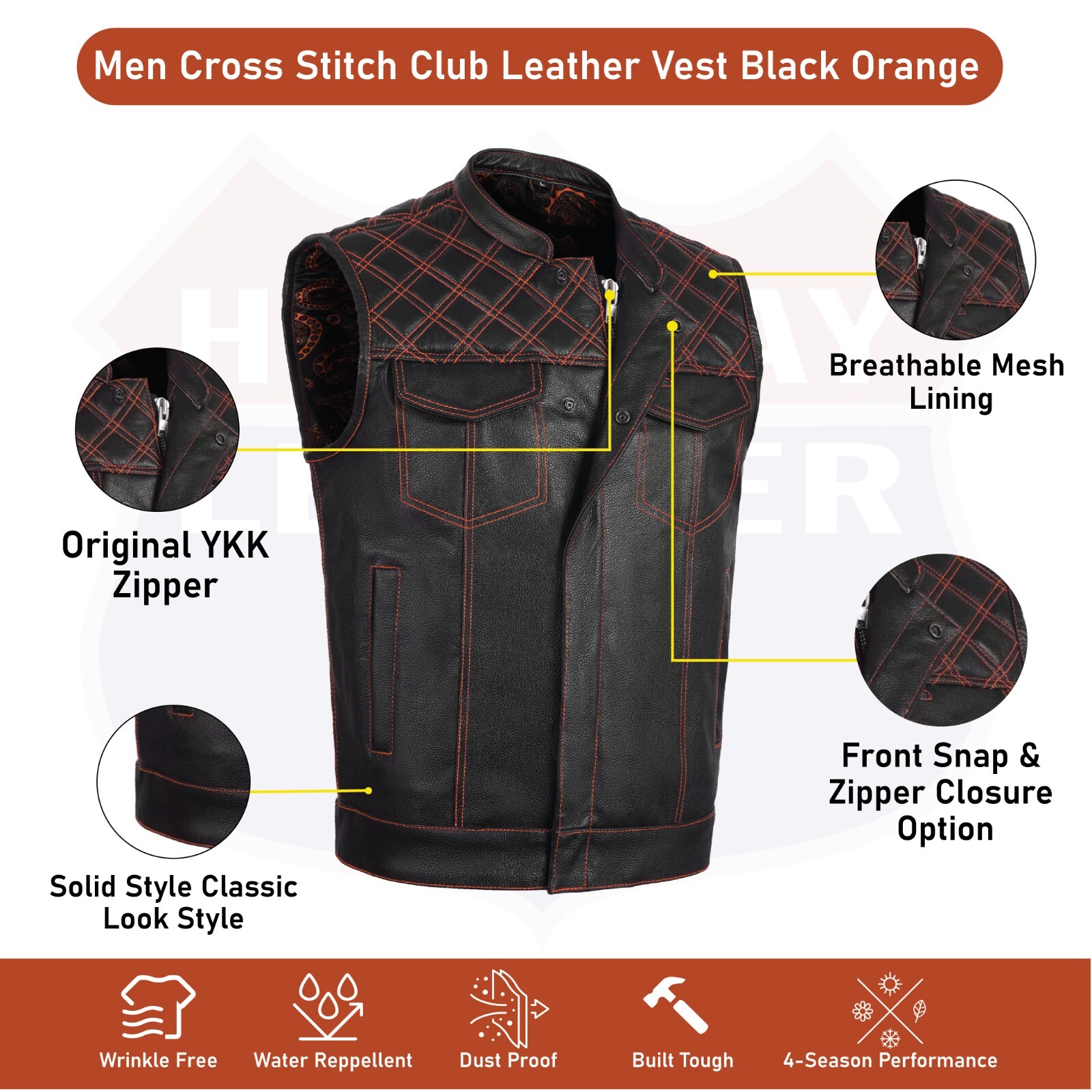 ORANGE HL11693SPTORANGE Black Men Cross Stitch Club Leather Vest