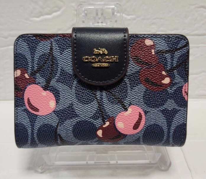 COACH Bi-fold Wallet Cherry Print in Signature Blue Outlet New Japan