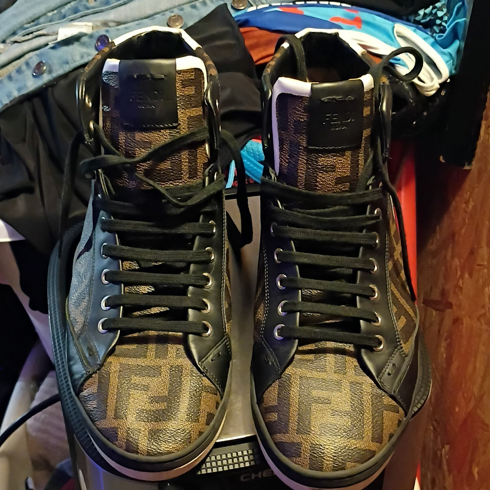 Fendi Roma FF Logo High-Top Leather Lace-Up Sneakers Brown/Black Mens 10.5