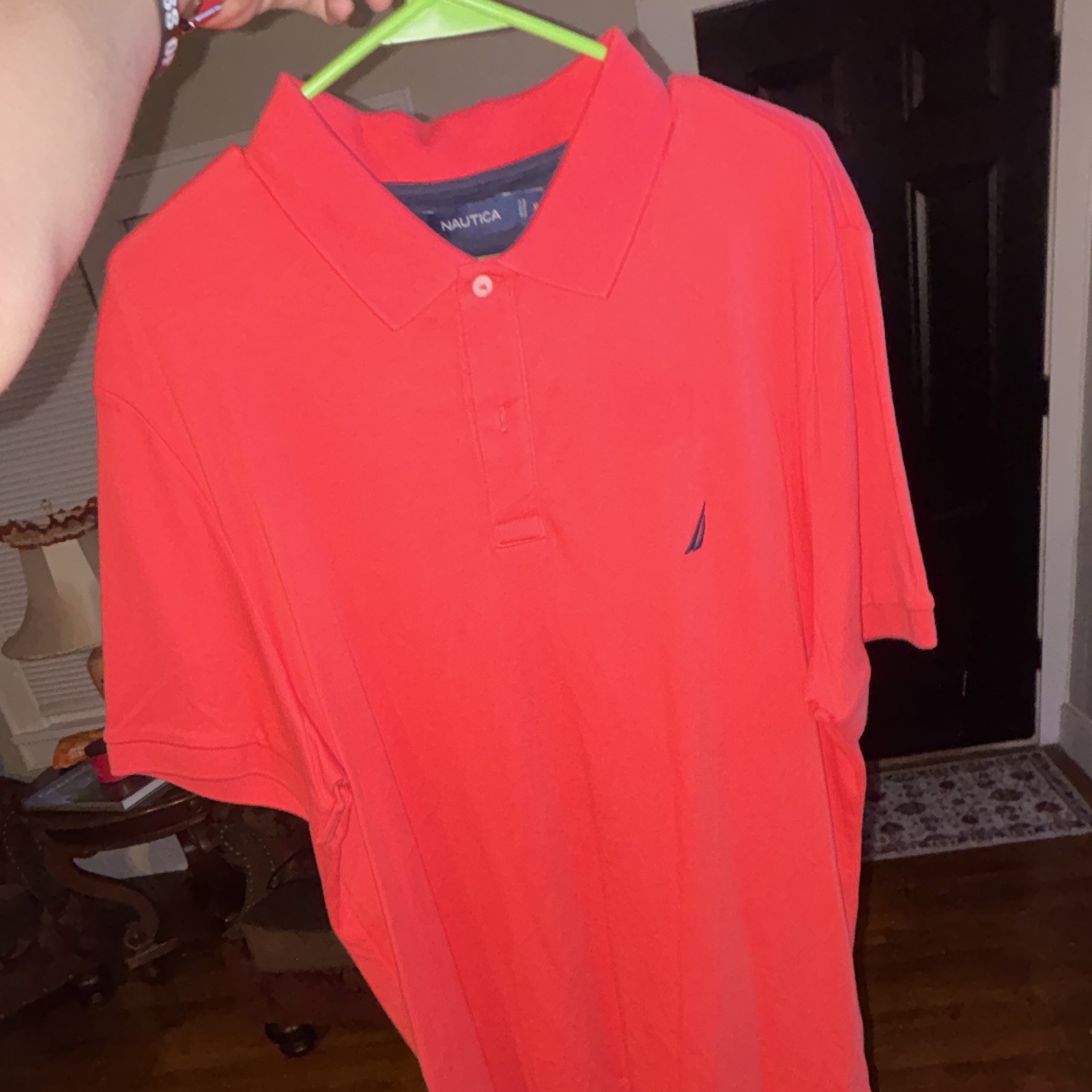 Nautica Men’s Red Solid Short Sleeve Spread Collar Polo Shirt XL Logo Button