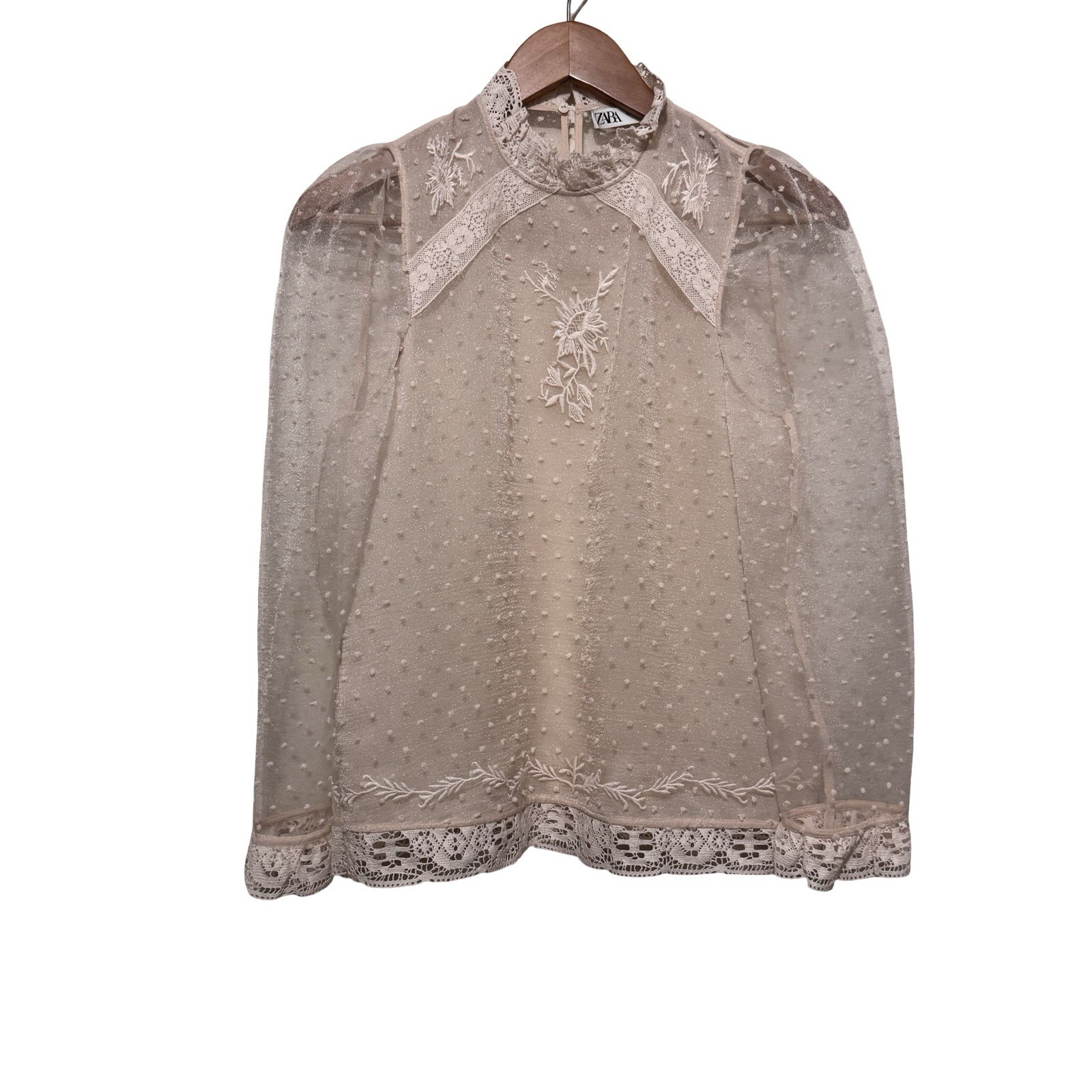 Zara Victorian Puff Sleeve semi sheer blouse embroidered size XS swiss dot