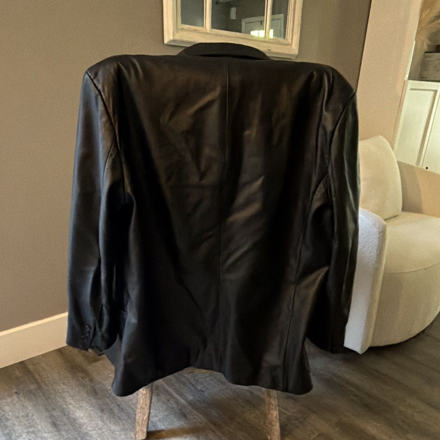 City Men’s Black Leather Blazer Jacket, Notch Collar Button Front, 44R