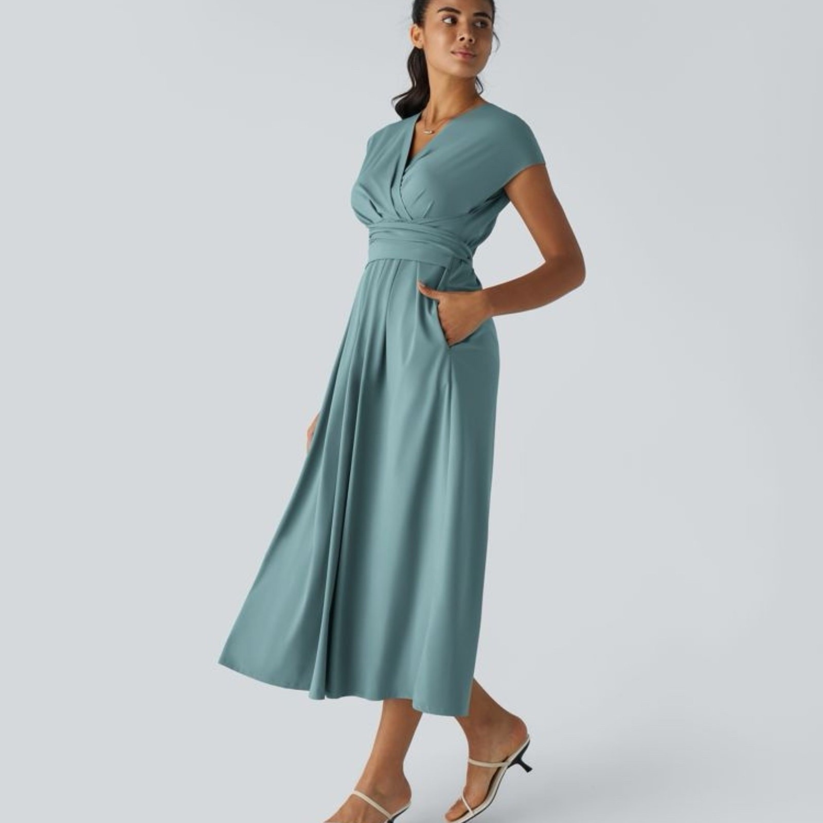 HALARA Breezeful™ V Neck Short Sleeve Pocket Tie Back Quick Dry Midi Dress-NWT