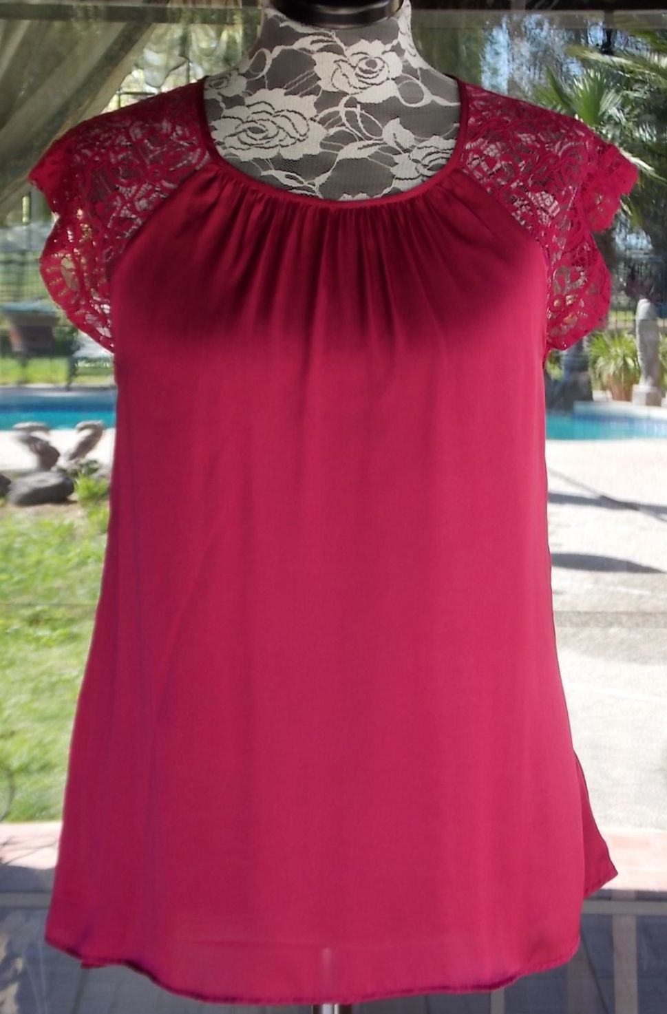 New Short Lace Sleeve Gather Neckline Satiny Hi Low Blouse Sz. XL