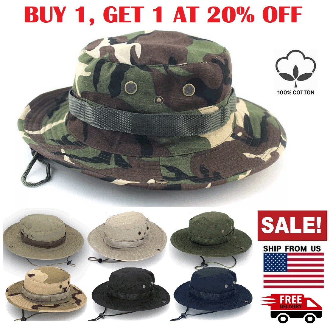 Unisex 100% Cotton Bucket Hat Fishing Camping Safari Boonie Sun Brim Summer Cap