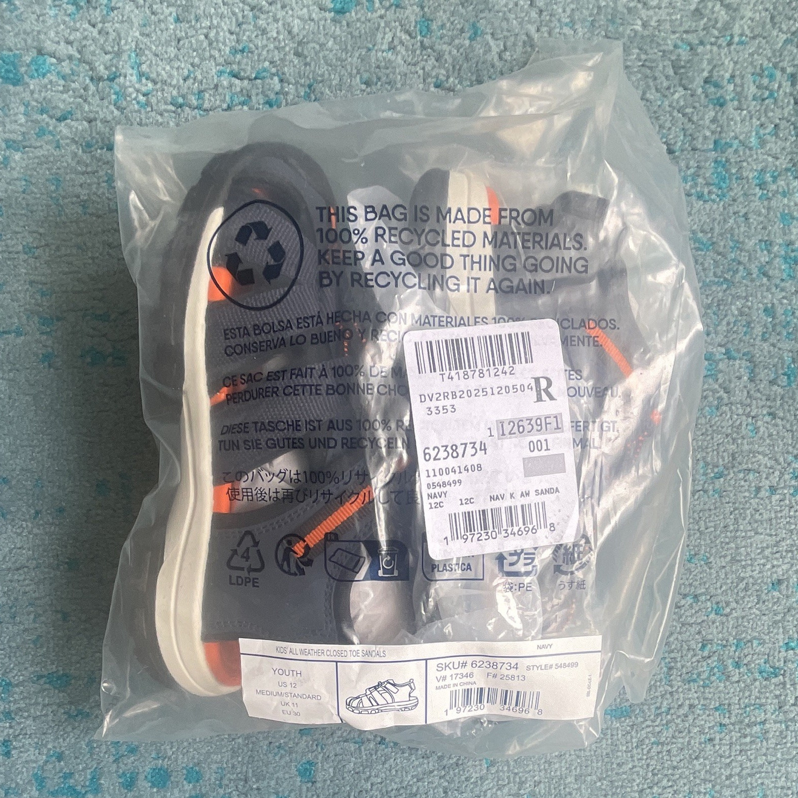 Lands’ End All Weather Closed Toe Sandals Navy/Orange Kids US 12 EU 30
