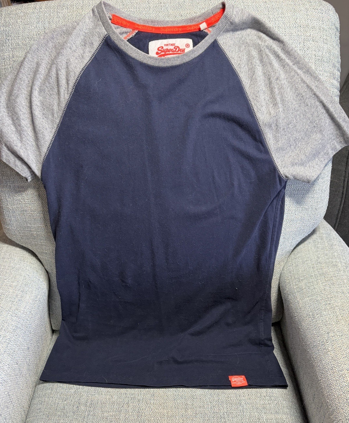 SUPERDRY ORANGE LABEL T SHIRT Navy Blue Gray Raglan MEN SMALL Vintage Cotton