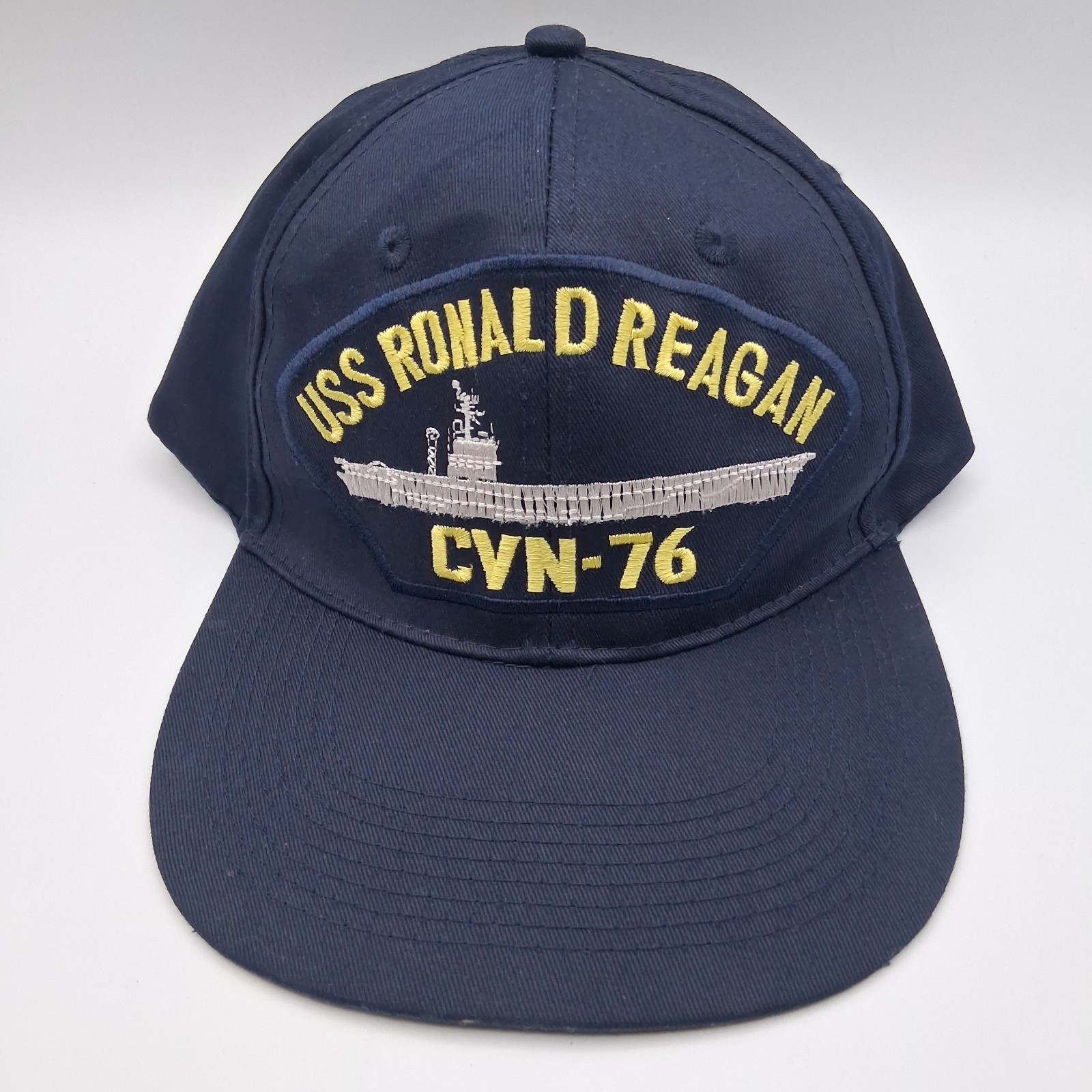 USS Ronald Reagan CVN-76 Hat Cap Snapback Blue Yellow Big Script Navy Ship Logo