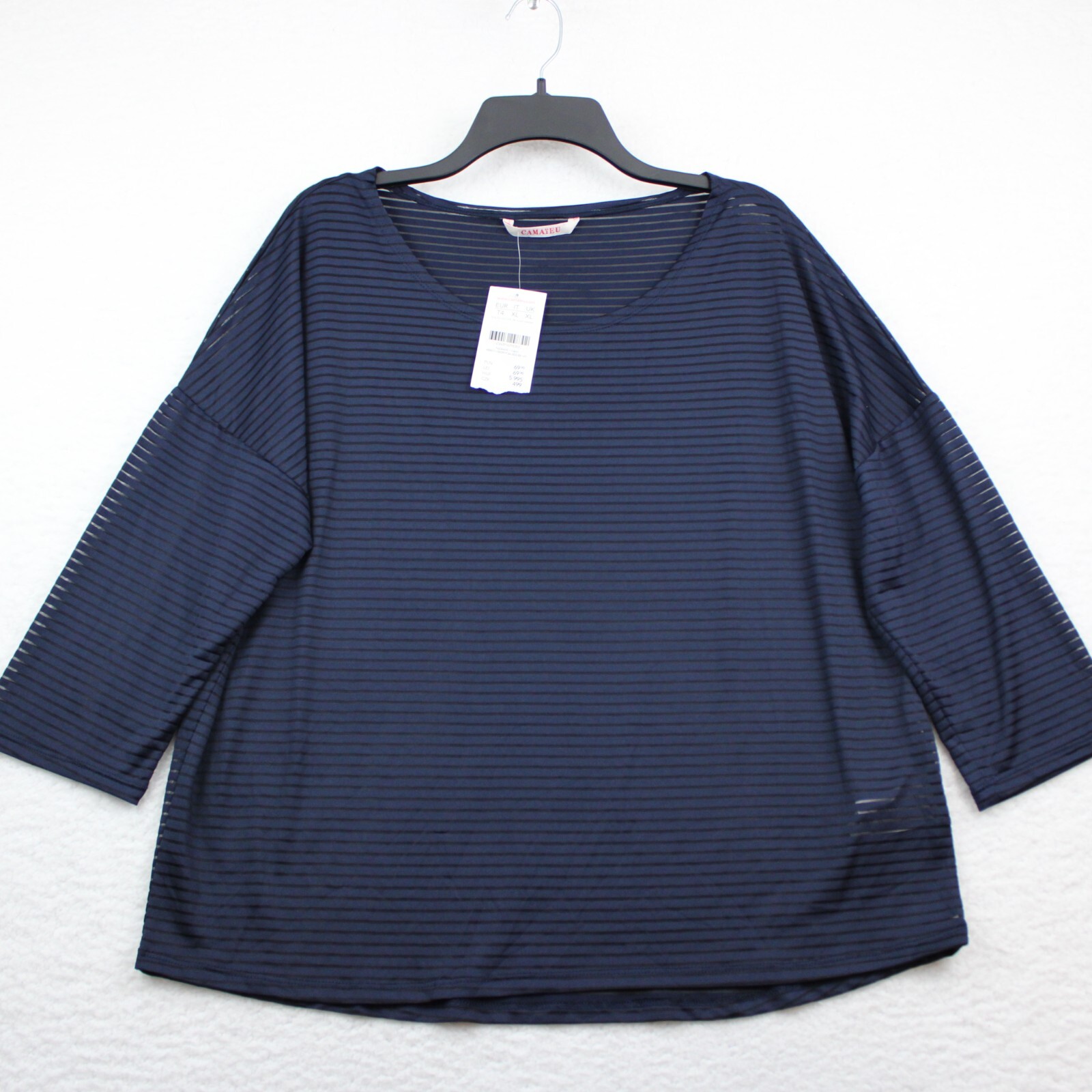 NEW Camaieu France Semi-Sheer Top Women’s Size 10 Striped Navy Blue & Black