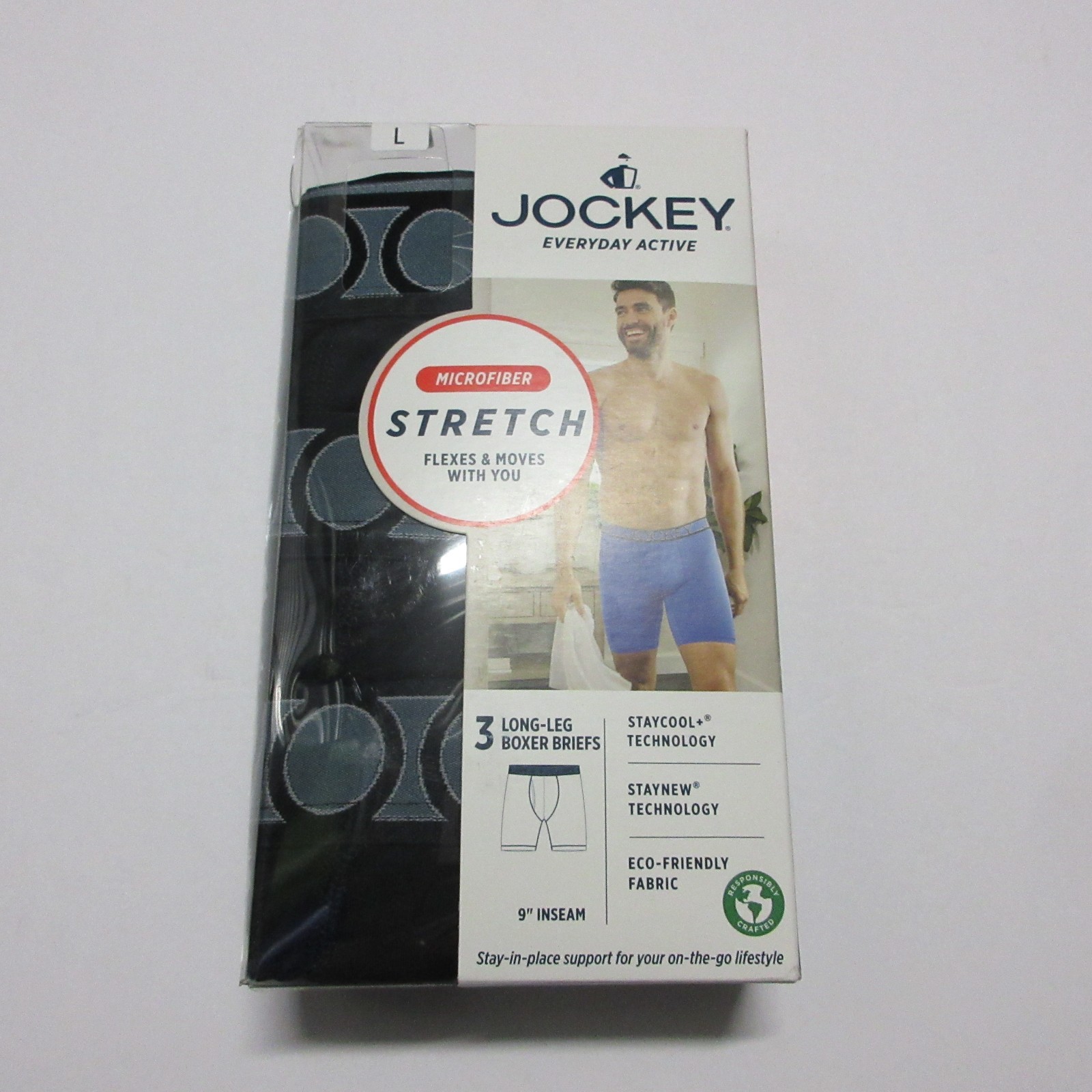 New Jockey Active Microfiber 9″ Boxer Briefs 3 Pack Black Men Large L Stretch