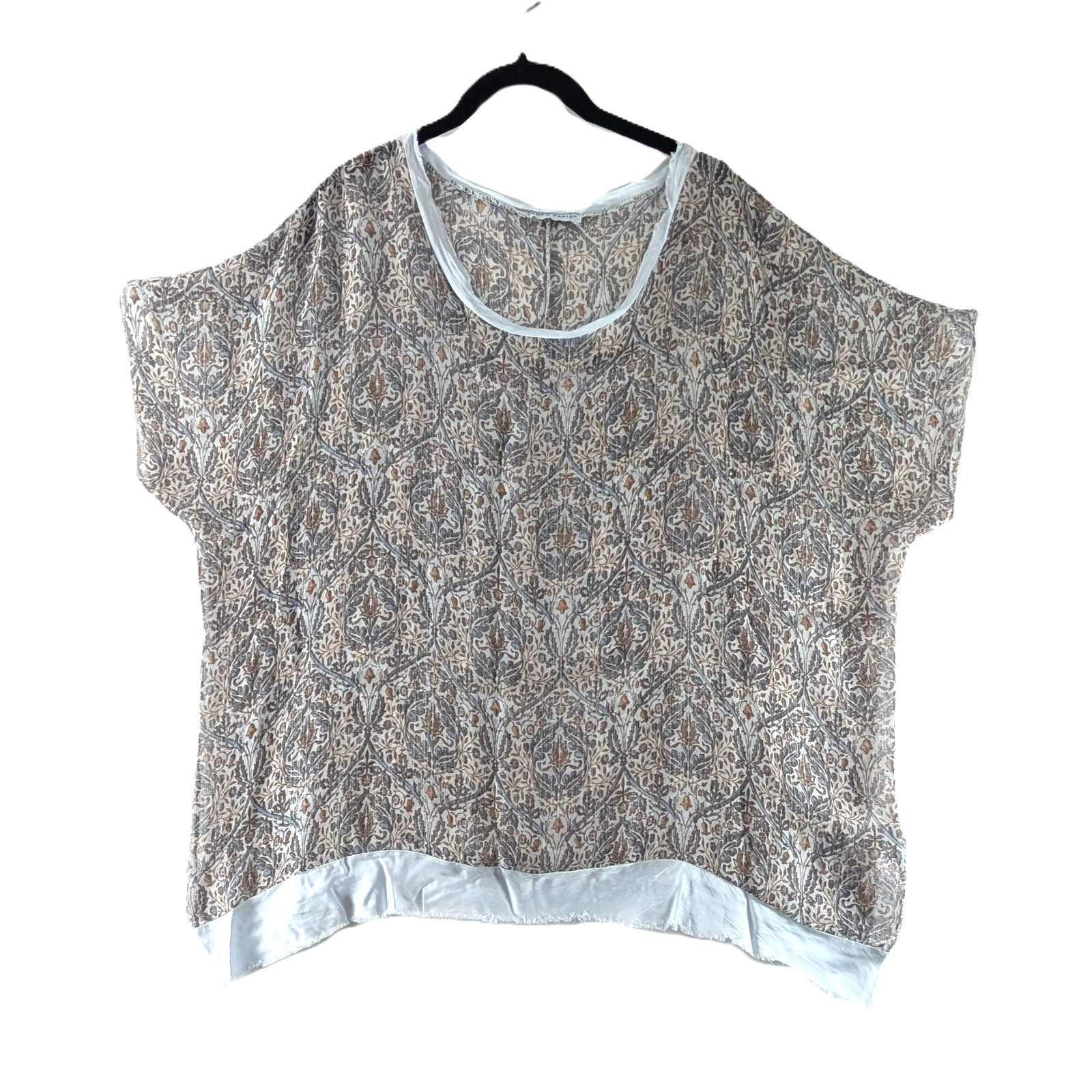 Tempo Paris Blouse Top Womens Sz M Silk Popover Shirt Chiffon Raw Hem Floral