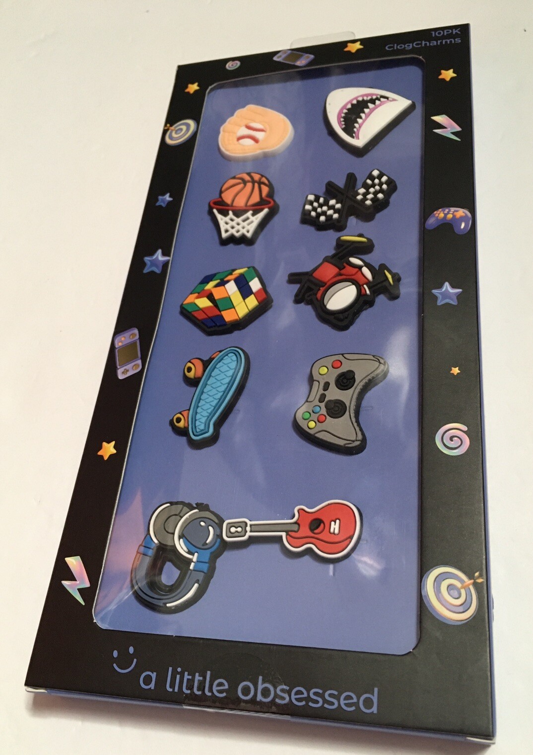 10 PIECE SHOE CLOG CHARMS “A Little Obsessed” Shark-Guitar-Gaming-Sports NIB