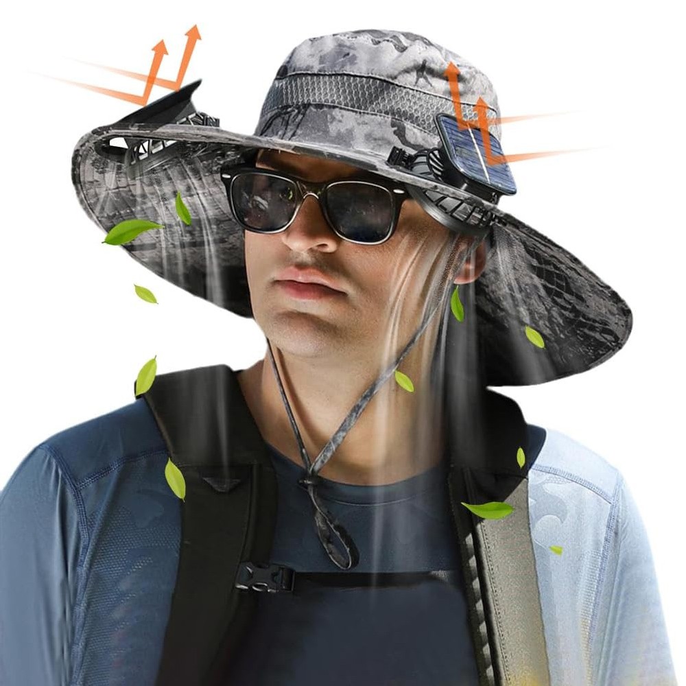 Solar &USB Powered Fan Hat Wide Brim Bucket Outdoor Fishing Hiking UV Protection