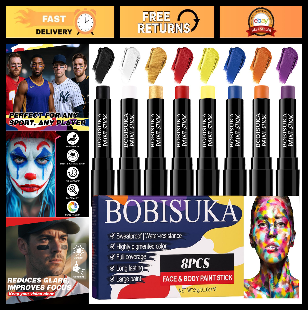 8PCS Oil-Based Face Body Paint Sticks for Halloween, Cosplay, Sports Makeup – Cl