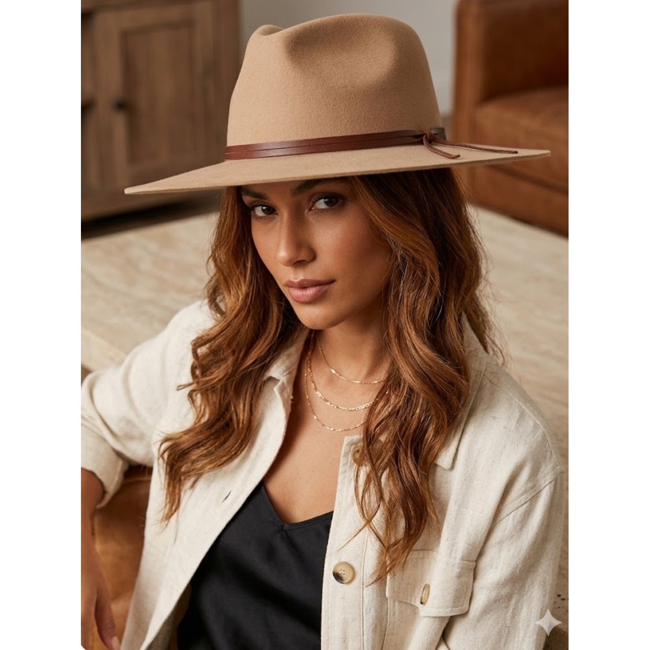 Patina The Aria Tan Wool Fedora Western Hat Handcrafted Wide Brim S