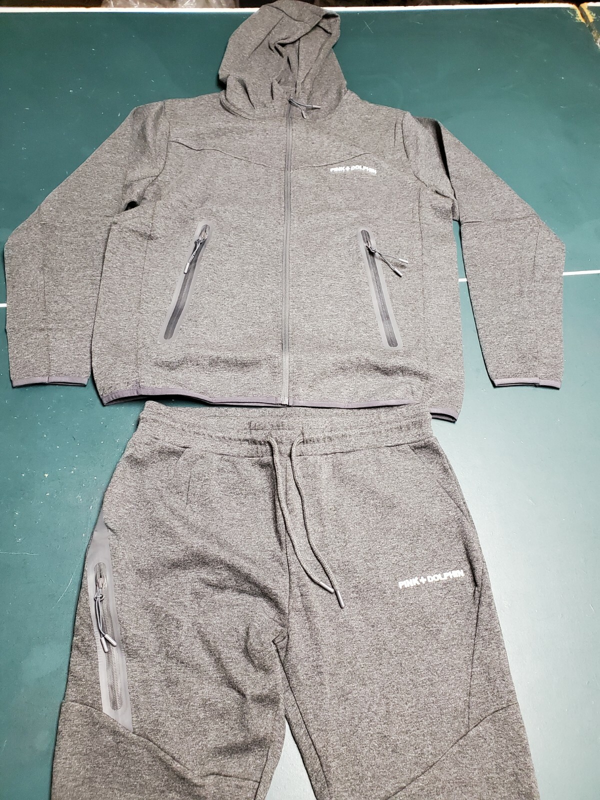 Mens Pink Dolphin Script Activewear Full Zip Hoodie and Jogger Set Charcoal Gray
